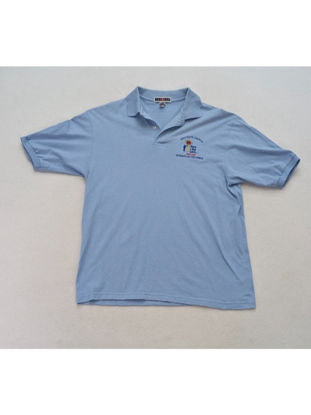 Jerzees Men's Polo Size L Blue Knight of Columbus Ohio Embroidered FLAWS